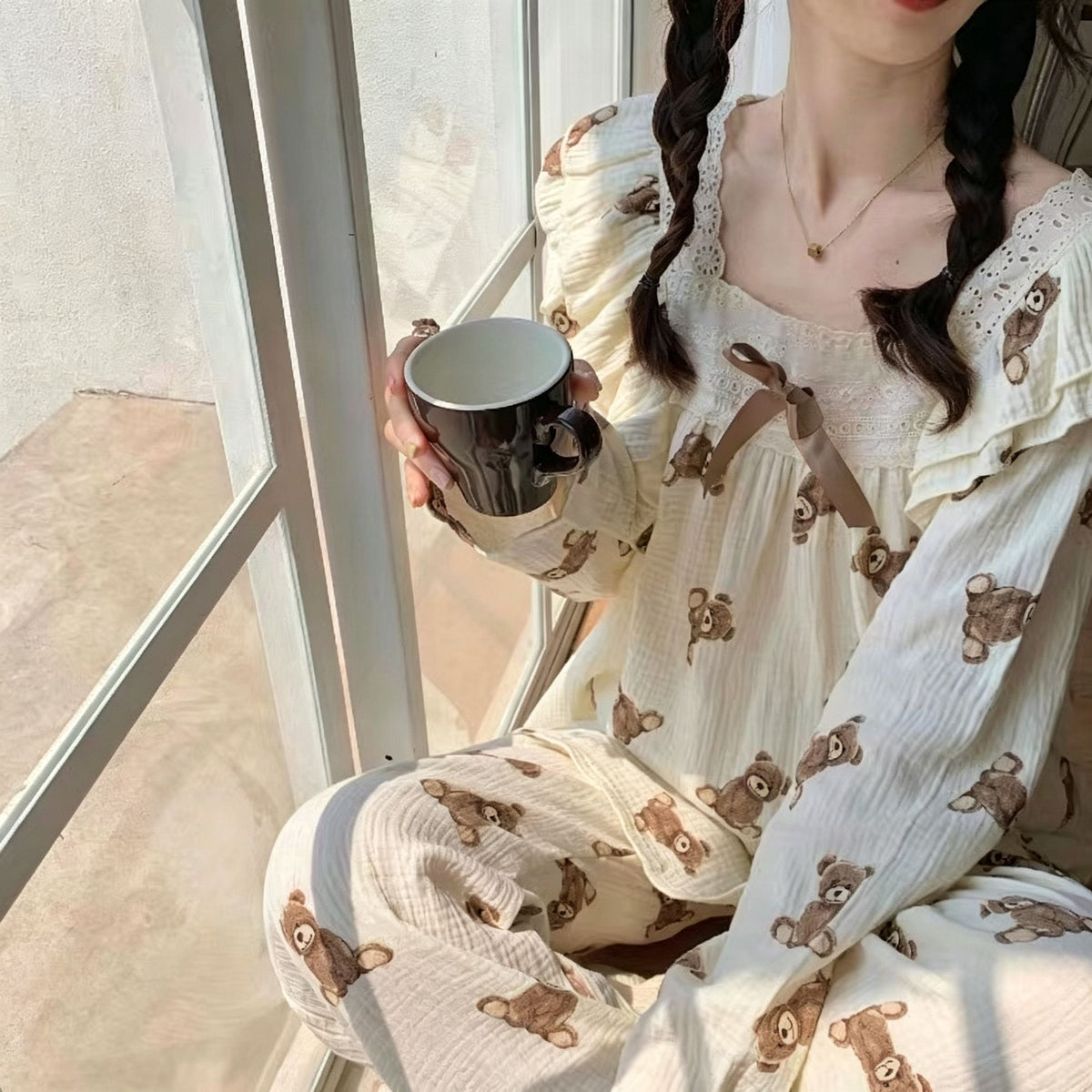 Yellow Bear Size L | Cotton-Like Long Pajama Set | Christmas Warm Cute Gift | Long Sleeve Pants Loose Homewear Two-Piece