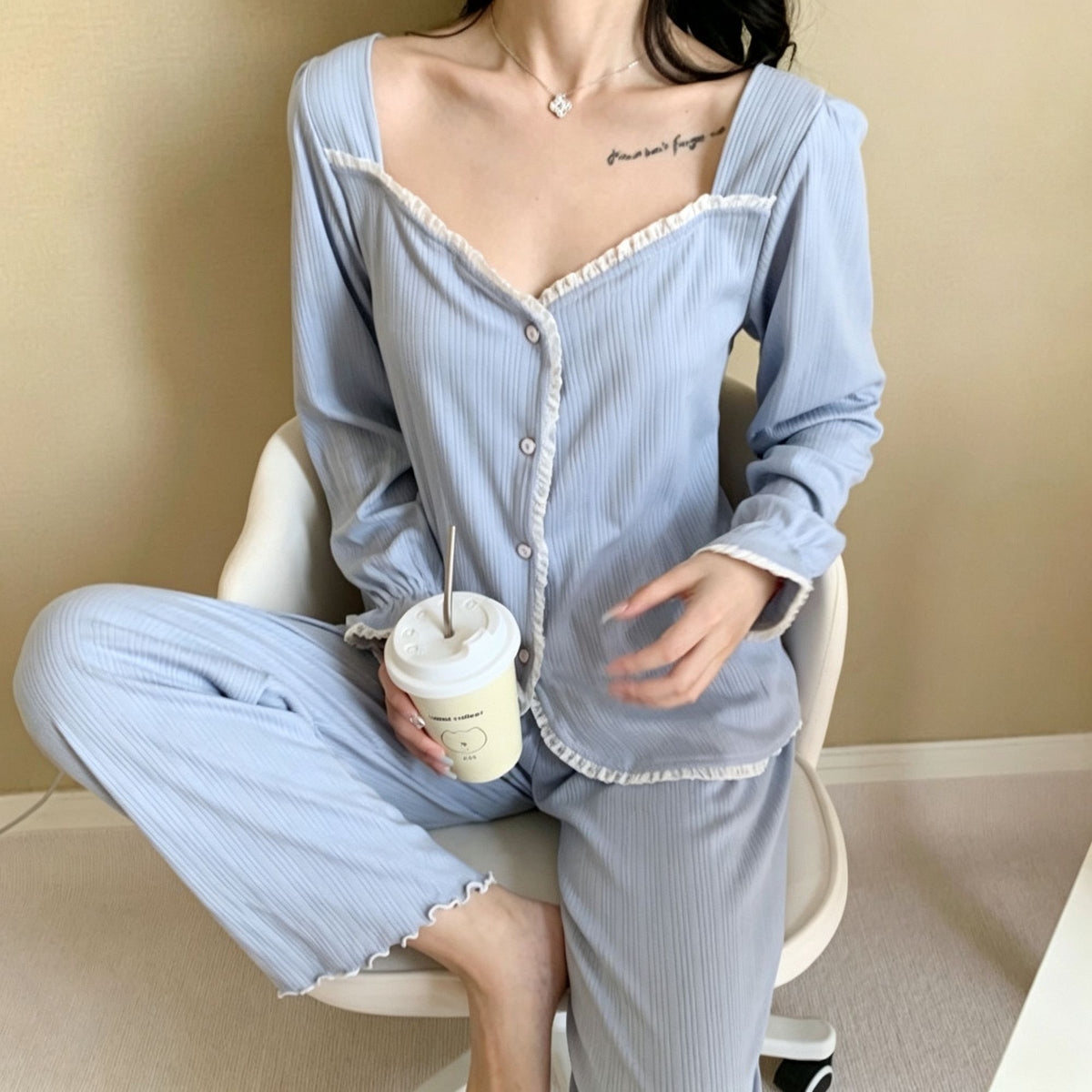 Orchid Lace Trim Size XXL | Roomy Ribbed Lace Sleepwear | Halloween Soft Comfort Gift | Long Sleeve Loose Plus Size Homewear Set