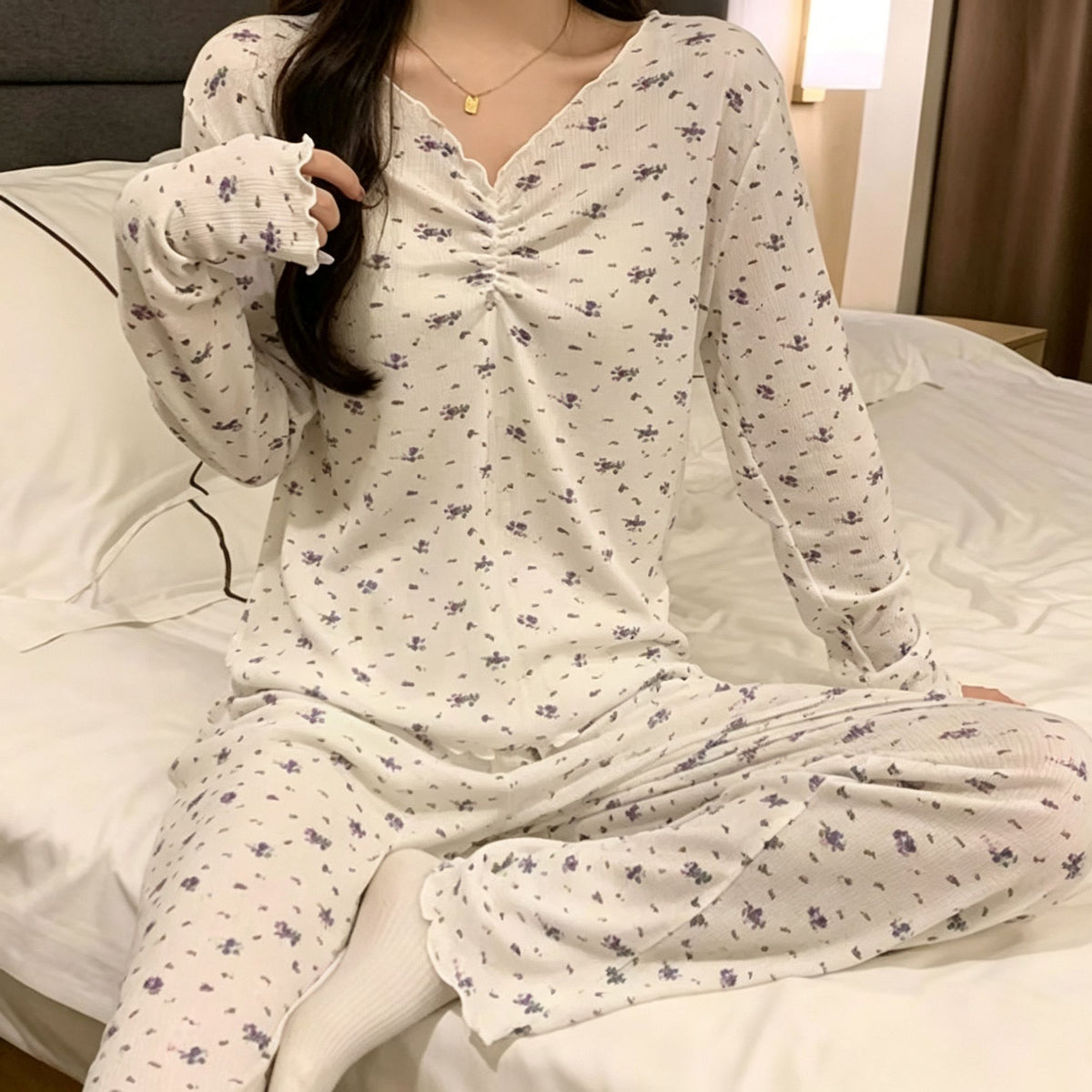 Blue-Purple Floral Size XL | Plus Size Ribbed Floral Pajamas | Christmas Floral Girly Gift | Long Sleeve Loose Women's Loungewear Set