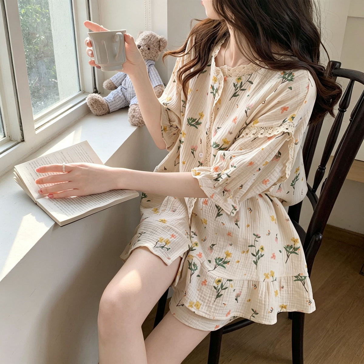 Apricot Floral Size L | Bubble Crinkle Floral Pajama Set | Christmas Retro Sweet Gift | Vintage Floral Loose Women's Sleepwear Two-Piece