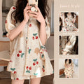 Cherry Bear Size M | Bubble Crinkle Bear Print Pajamas | Halloween Soft 萌 Daily Gift | Soft Loose Fit Women's Homewear Set