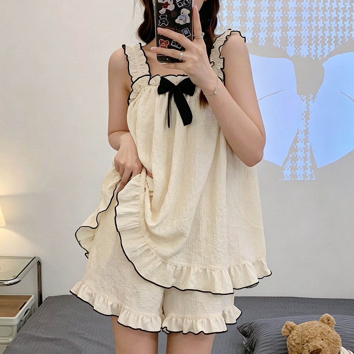 Cami Black Bow Size M | Bubble Crinkle Cami Bow Pajamas | Halloween Cool Daily Gift | Slim Loose Fit Women's Homewear Set