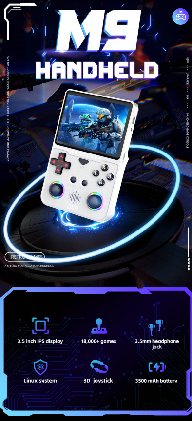 M9 Pocket Retro Video Game Handheld Console with Colorful RGB Light Joystick，blue