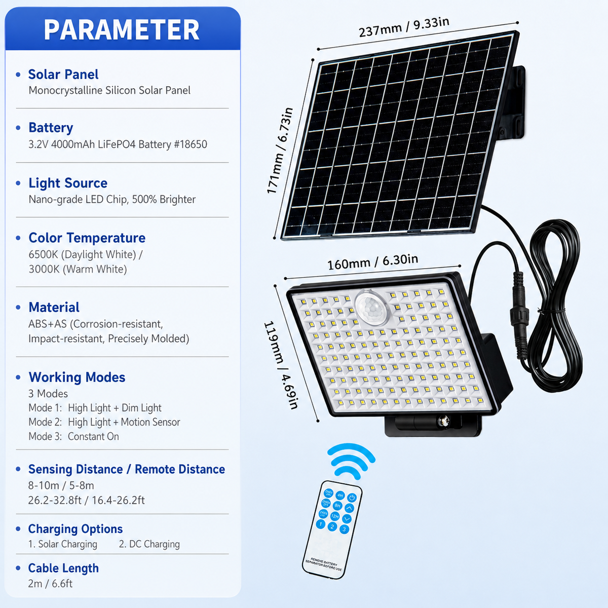 Split-Type Solar Powered Motion Sensor Floodlight with Detachable Panel, Dual Mounting Brackets, IP65 Waterproof, 6500K Cool White or 3000K Warm White Options, Ideal for Driveways, Patios, Entryways, and Emergency Indoor Use (1PCS, 3000K Warm White)