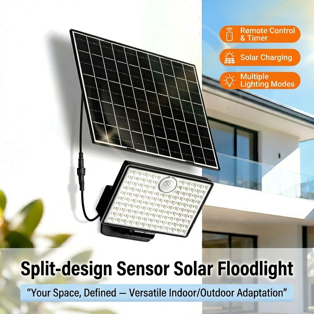 Split-Type Solar Powered Motion Sensor Floodlight with Detachable Panel, Dual Mounting Brackets, IP65 Waterproof, 6500K Cool White or 3000K Warm White Options, Ideal for Driveways, Patios, Entryways, and Emergency Indoor Use (1PCS, 6500K Cool White)