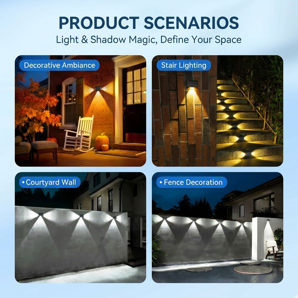 Solar Powered Outdoor Wall Light with Triple-Sided Glow, 5 Lighting Modes, Dusk-to-Dawn Auto On/Off, Weatherproof LED Accent Lamp for Patio, Fence, Staircase, and Garden Wall Decor (8PCS, Cool White)