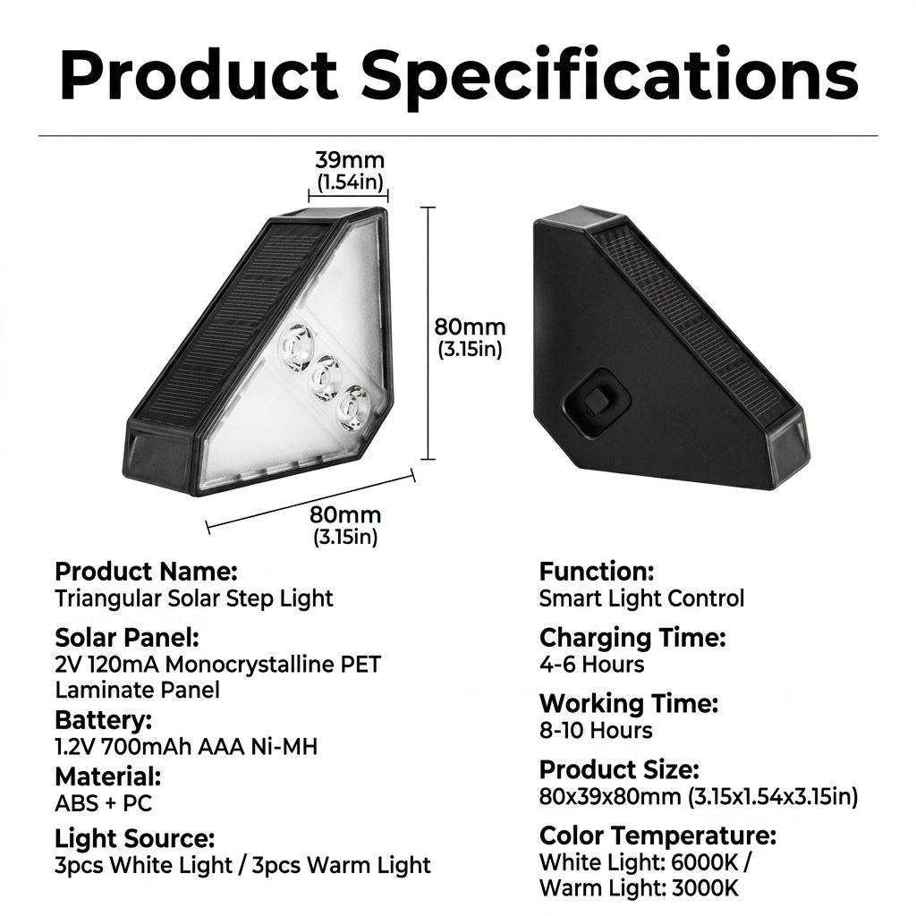 Solar Powered Triangle Step Light with Monocrystalline Silicon Panel, Auto On at Dusk, IP65 Waterproof for Outdoor Stairs, Pathways, Patios, and Garden Steps – Choose Cool White 6000K or Warm Yellow 3000K for Safe Nighttime Illumination (6PCS, Cool White