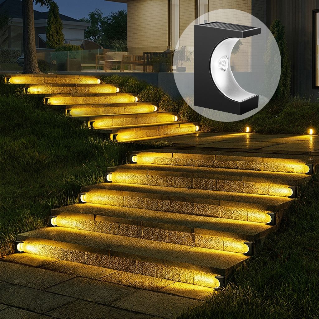 Solar Crescent Moon Step Light with Monocrystalline Silicon Panel, ABS & PS Construction, IP65 Waterproof, 3000K Warm White or 6000K Cool White Options for Outdoor Garden Paths, Driveways, and Wooden Deck Stairs (12PCS, Warm White Light)