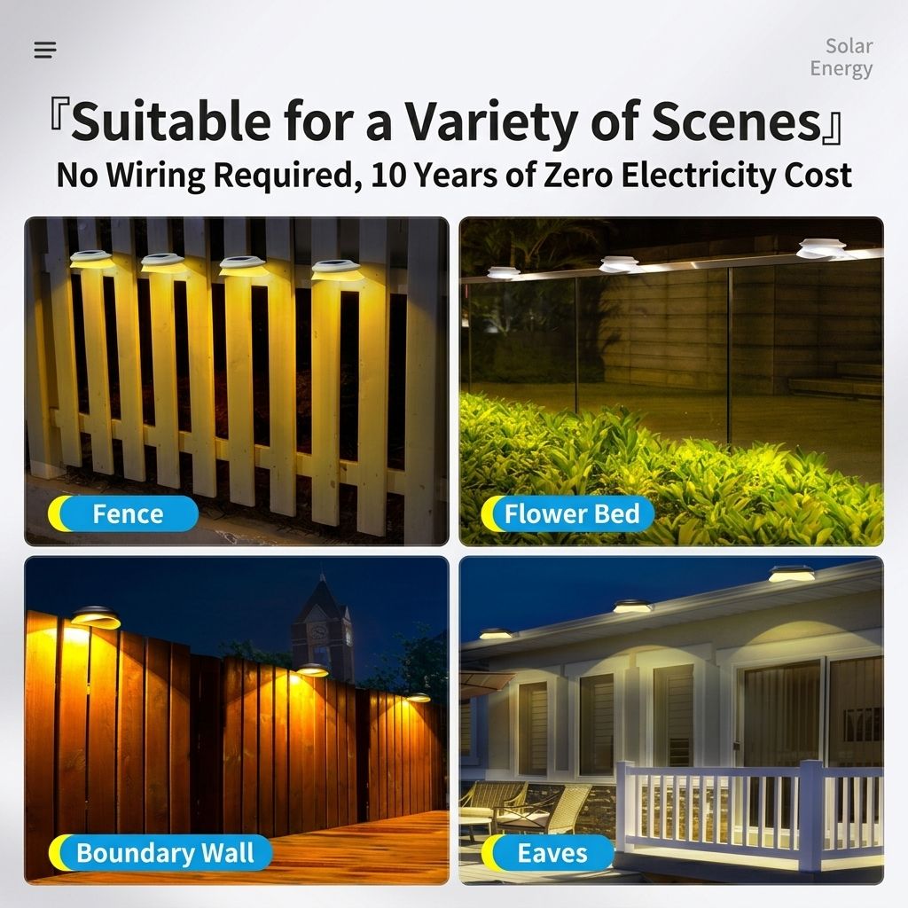 Solar Powered Fence Light with Durable ABS+PC Housing, Monocrystalline Silicon Panel, and Adjustable Mounting Clip for Outdoor Garden, Patio, Deck, and Walkway Illumination in Warm White or Cool White (4PCS, Black Housing‑Warm White Light)