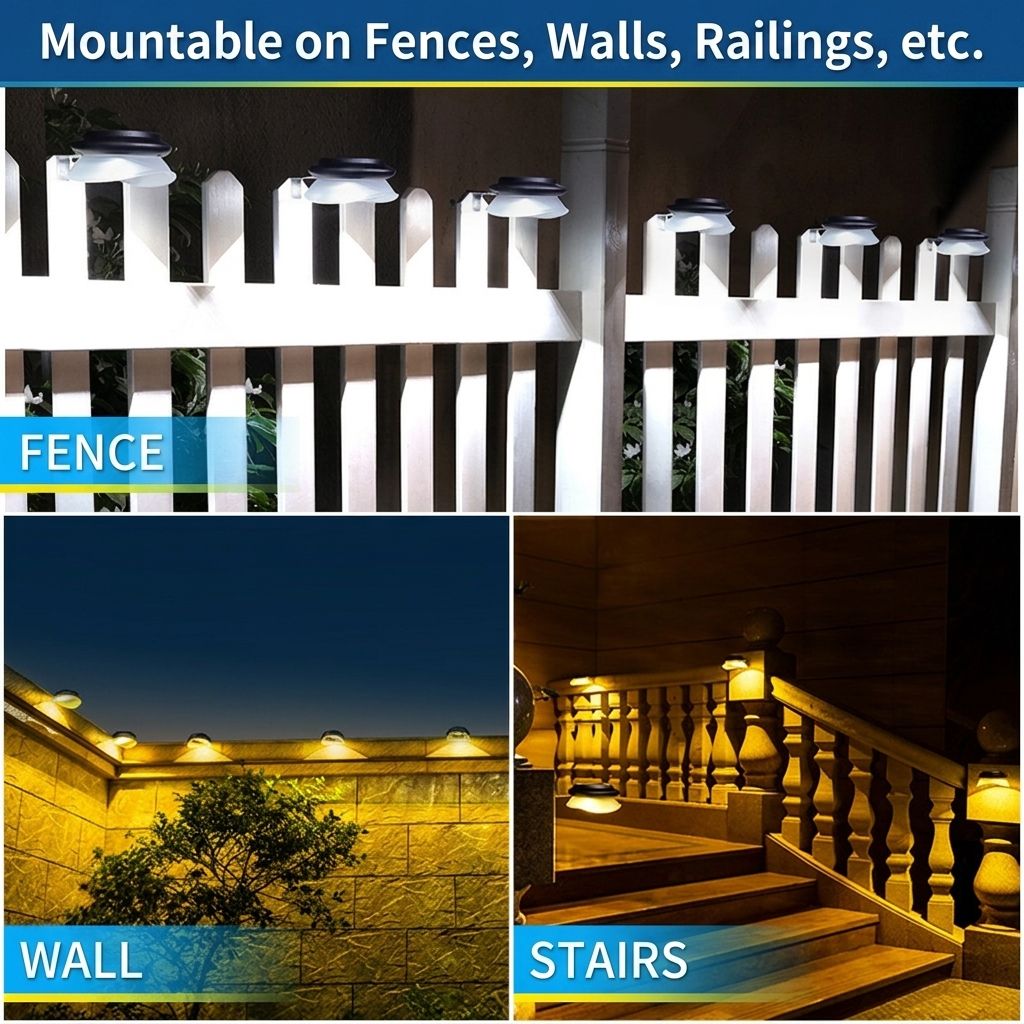 Solar Powered Fence Light with Durable ABS+PC Housing, Monocrystalline Silicon Panel, and Adjustable Mounting Clip for Outdoor Garden, Patio, Deck, and Walkway Illumination in Warm White or Cool White (8PCS, Black Housing‑Warm White Light)