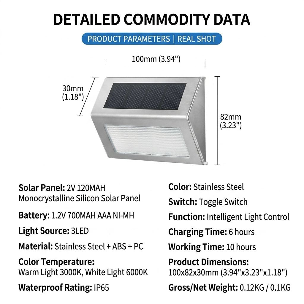 Solar Powered Step Lights for Outdoor Stairs, Stainless Steel & ABS Waterproof LED Step Light with Auto On/Off, Warm White or Cool White Options for Garden, Patio, Walkway, and Fence Night Illumination (6PCS, 3000K Warm White)