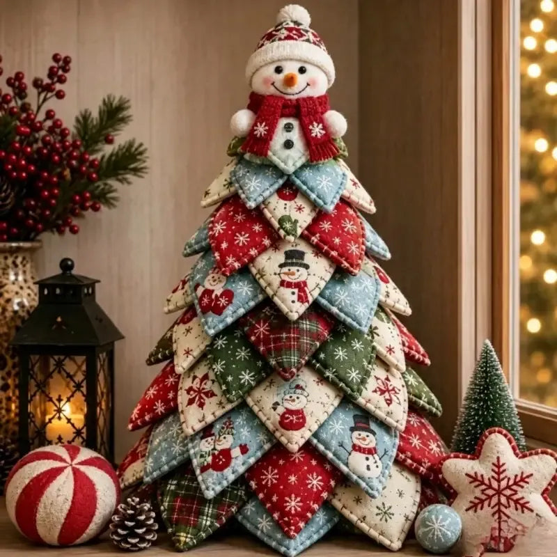 DIY 3D Quilted Fabric Patchwork Christmas Tree Kit, 3D Handmade Sewing Craft with Instructions, Beginner Friendly, Vintage Festive Tabletop Decor Gift/Snowman