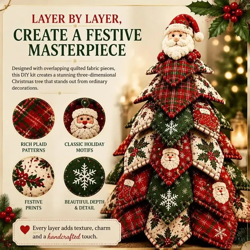 DIY 3D Quilted Fabric Patchwork Christmas Tree Kit, 3D Handmade Sewing Craft with Instructions, Beginner Friendly, Vintage Festive Tabletop Decor Gift/Snowman