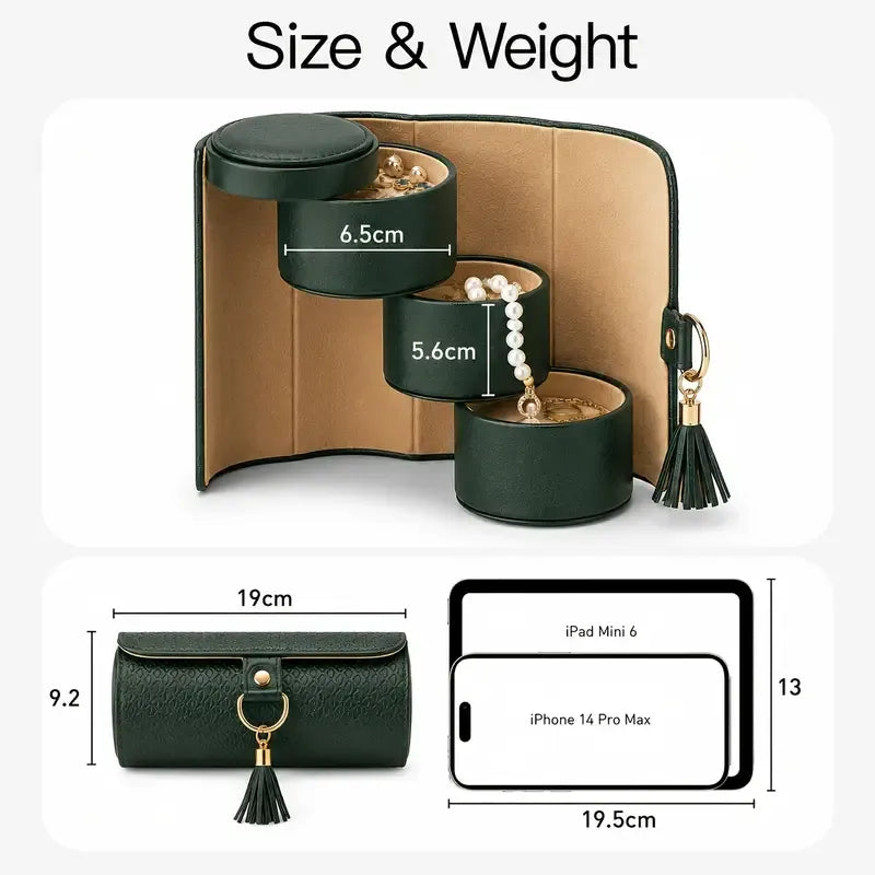 ✨ Travel Jewellery Organizer Case | Textured PU Leather with Tassel | 3 Compartments for Rings, Earrings & Necklaces | Compact Gift for Her/green