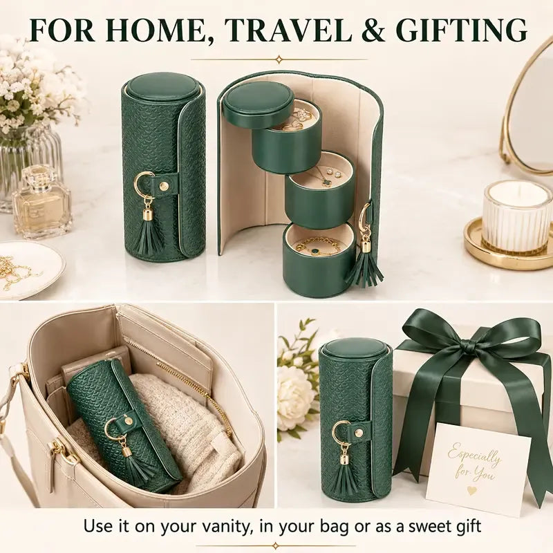 ✨ Travel Jewellery Organizer Case | Textured PU Leather with Tassel | 3 Compartments for Rings, Earrings & Necklaces | Compact Gift for Her/green