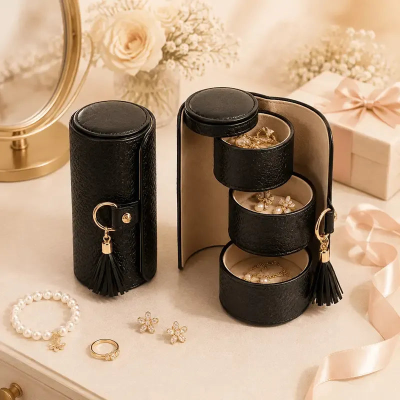 ✨ Travel Jewellery Organizer Case | Textured PU Leather with Tassel | 3 Compartments for Rings, Earrings & Necklaces | Compact Gift for Her/BLACK