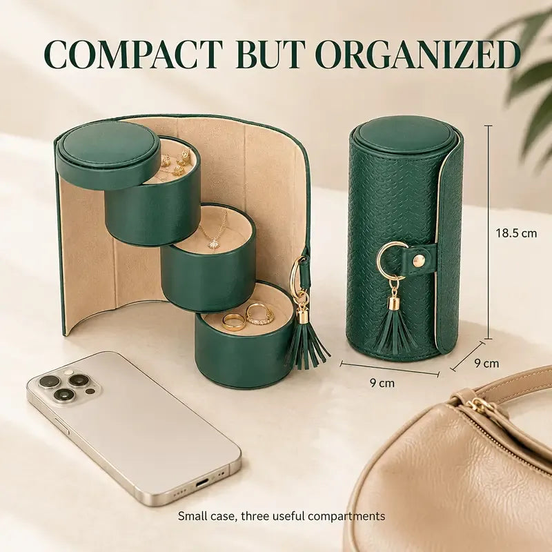 ✨ Travel Jewellery Organizer Case | Textured PU Leather with Tassel | 3 Compartments for Rings, Earrings & Necklaces | Compact Gift for Her/Grey juice color