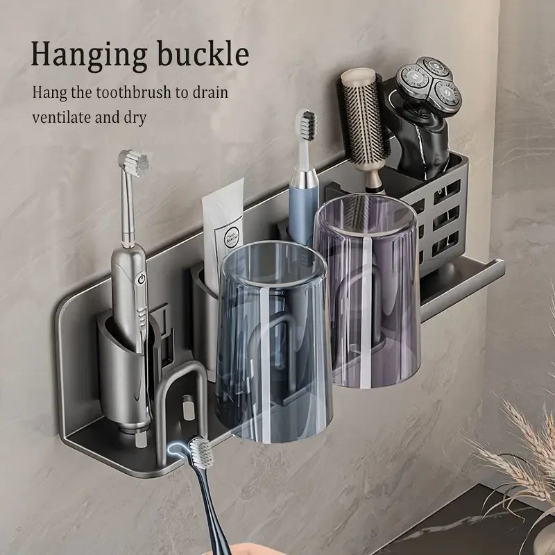 ✨ 2nd Gen Space Aluminium Toothbrush Holder | Drill-Free PLUS Upgrade | Large Capacity, Bottom Drainage, Strong Adhesive for a Clutter-Free Bathroom!/Four people have no cup money.