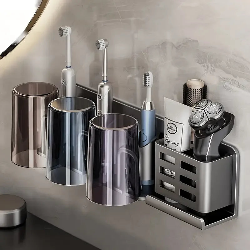 ✨ 2nd Gen Space Aluminium Toothbrush Holder | Drill-Free PLUS Upgrade | Large Capacity, Bottom Drainage, Strong Adhesive for a Clutter-Free Bathroom!/Four people have no cup money.