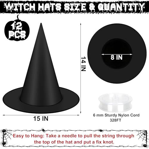 12pcs Floating Witch Hats for Halloween Party Decor, Porch, Yard, Haunted House Spooky Themed Events (black)