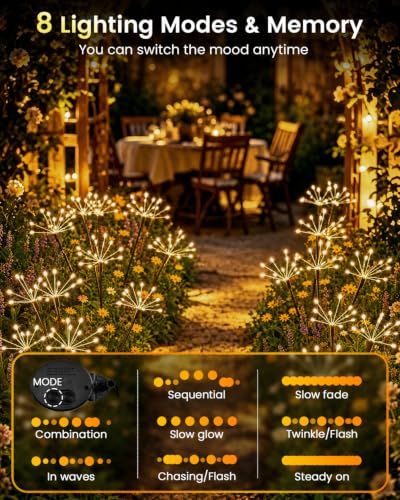 Solar Garden Firework Lights for Lawn Path Patio & Outdoor Night Decor (Warm White)