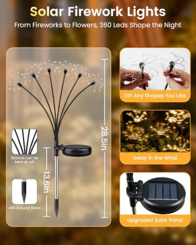 Solar Garden Firework Lights for Lawn Path Patio & Outdoor Night Decor (Warm White)