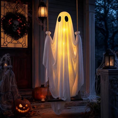 Swinging Ghost Halloween Porch Decoration, Spooky Hanging Decor for Outdoor Holiday Displays (white)