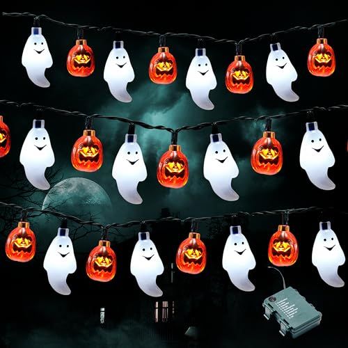 Halloween String Lights for Indoor & Outdoor, Ghost & Pumpkin Decor for Party, Haunted House (White, Orange)