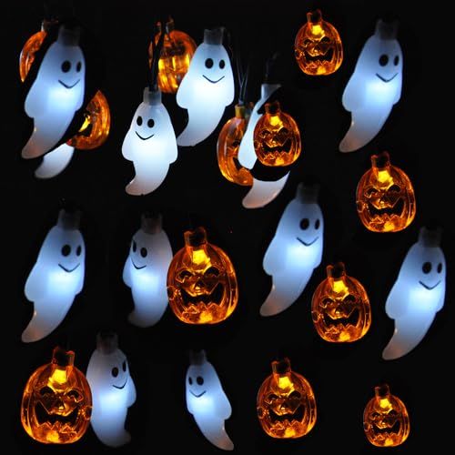 Halloween String Lights for Indoor & Outdoor, Ghost & Pumpkin Decor for Party, Haunted House (White, Orange)