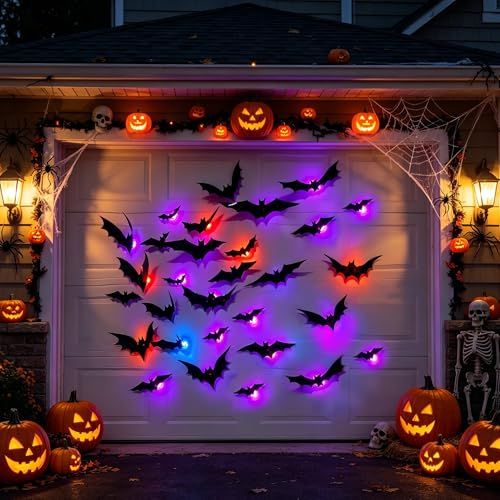 36-Pack Halloween Bat Decorations with LED Lights for Indoor Outdoor Halloween Party Garage Decor (black)