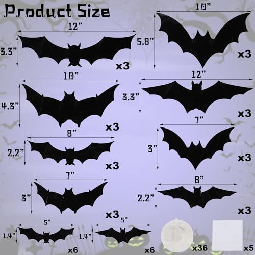 36-Pack Halloween Bat Decorations with LED Lights for Indoor Outdoor Halloween Party Garage Decor (black)