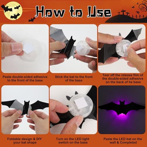 36-Pack Halloween Bat Decorations with LED Lights for Indoor Outdoor Halloween Party Garage Decor (black)
