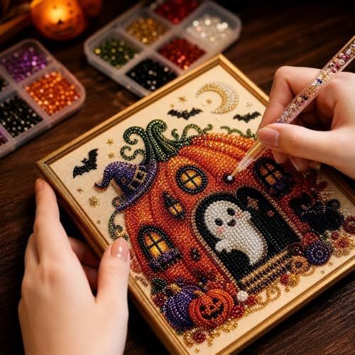 DIY Halloween Diamond Painting Kit for All Ages, Great for Seasonal Home Decorations (Orange)