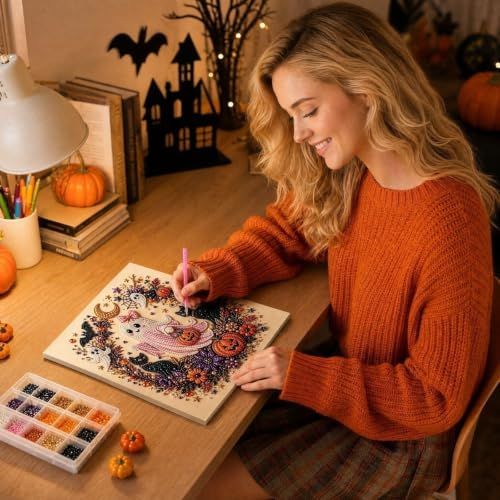 DIY Halloween Ghost Diamond Art Kit for Wall Decor, Suitable for Beginners, Adults & Kids (pink)