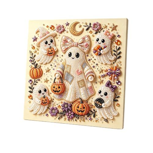 DIY Ghost Halloween Diamond Art Kit for Beginners, Adults & Kids, Fall Craft Decor (light pink)