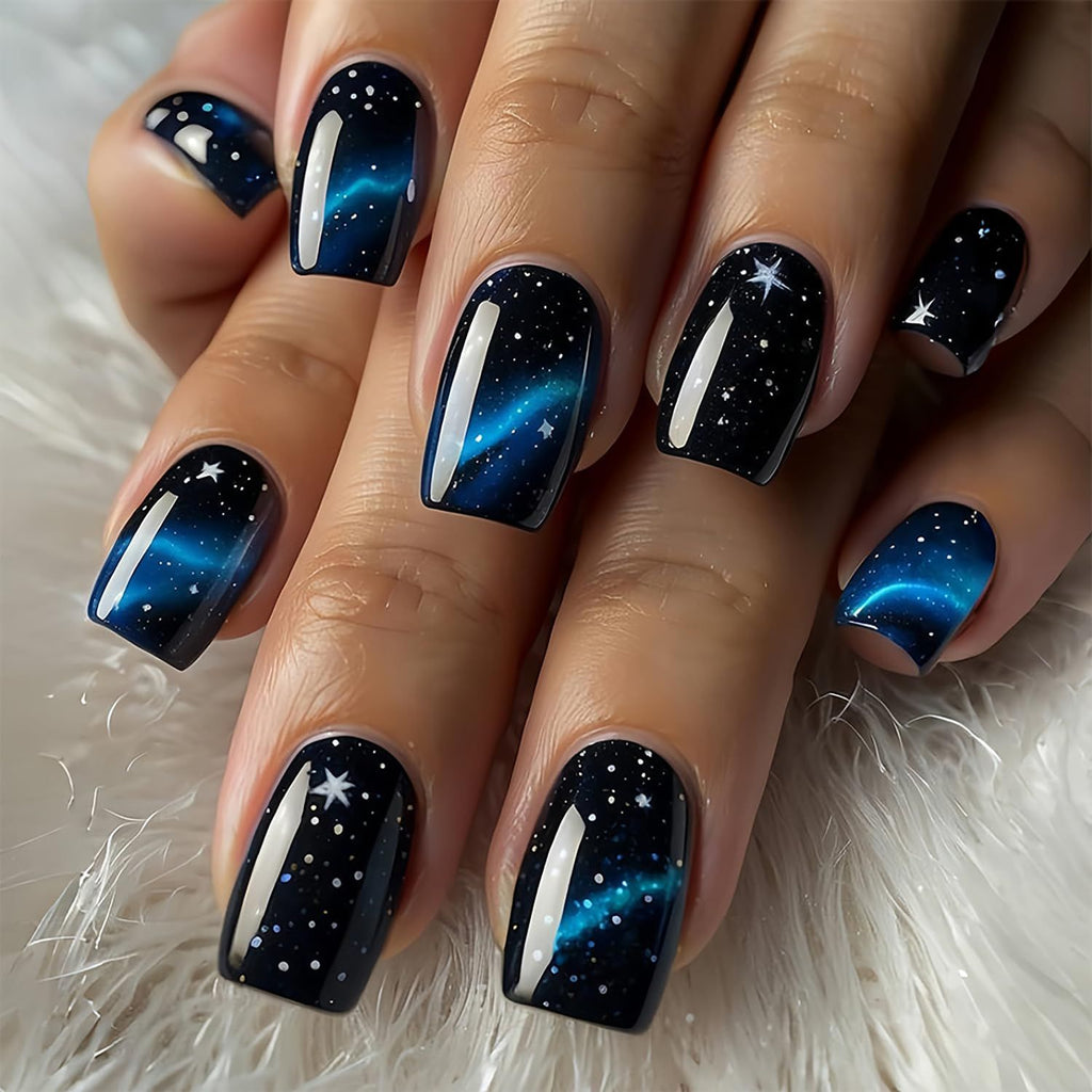 24pcsStarry Galaxy Press-On Nails for Parties, Daily Wear, and Special Occasions (Black)