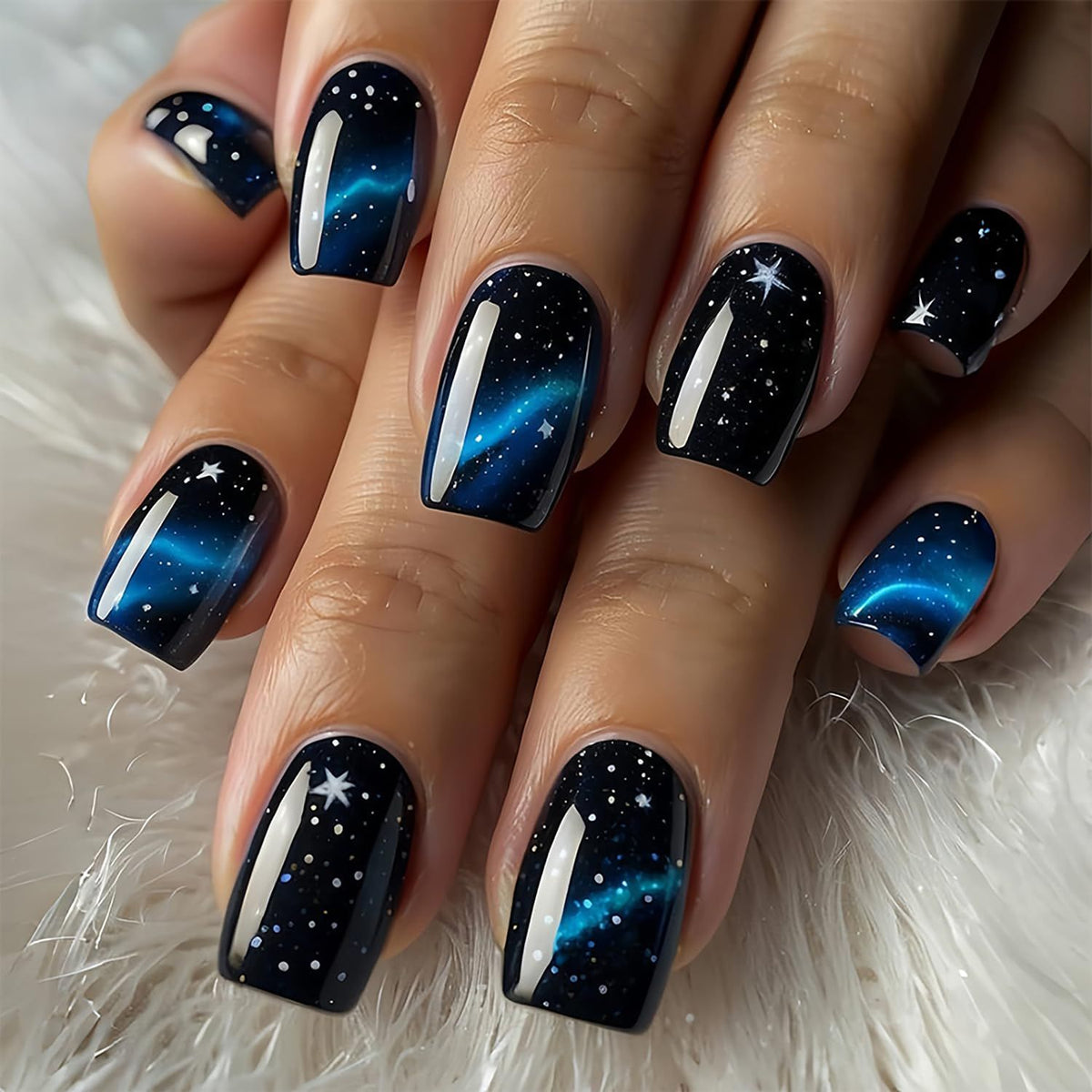 24pcsStarry Galaxy Press-On Nails for Parties, Daily Wear, and Special Occasions (Black)