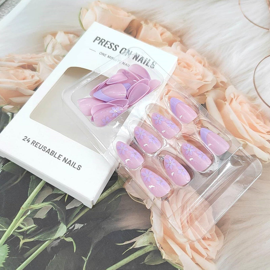 24pcsReusable Fake Nails For Daily Wear, Parties, Festivals & Quick Nail Art (light purple)