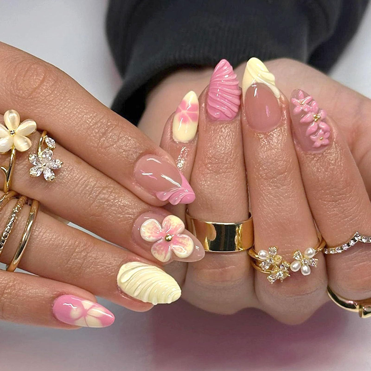 24pcsGlossy Press-On Nails with 3D Charms for Daily Wear, Events & Quick DIY Manicures (Pink)