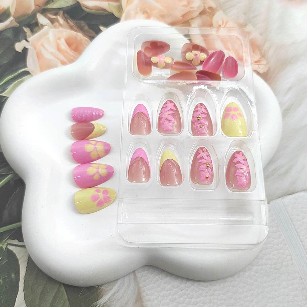 24pcsGlossy Press-On Nails with 3D Charms for Daily Wear, Events & Quick DIY Manicures (Pink)