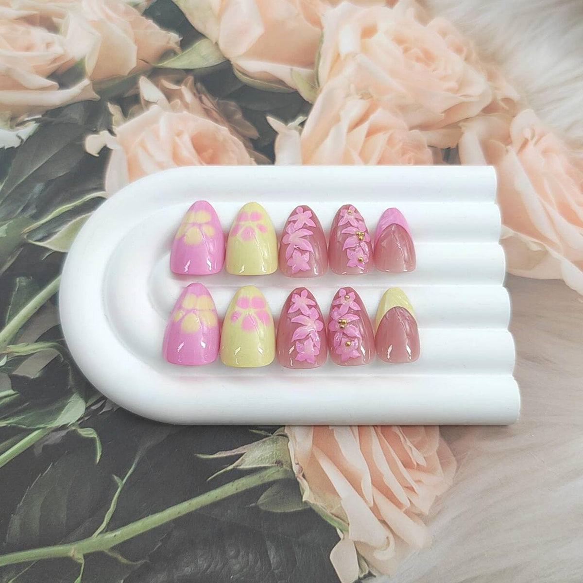 24pcsGlossy Press-On Nails with 3D Charms for Daily Wear, Events & Quick DIY Manicures (Pink)
