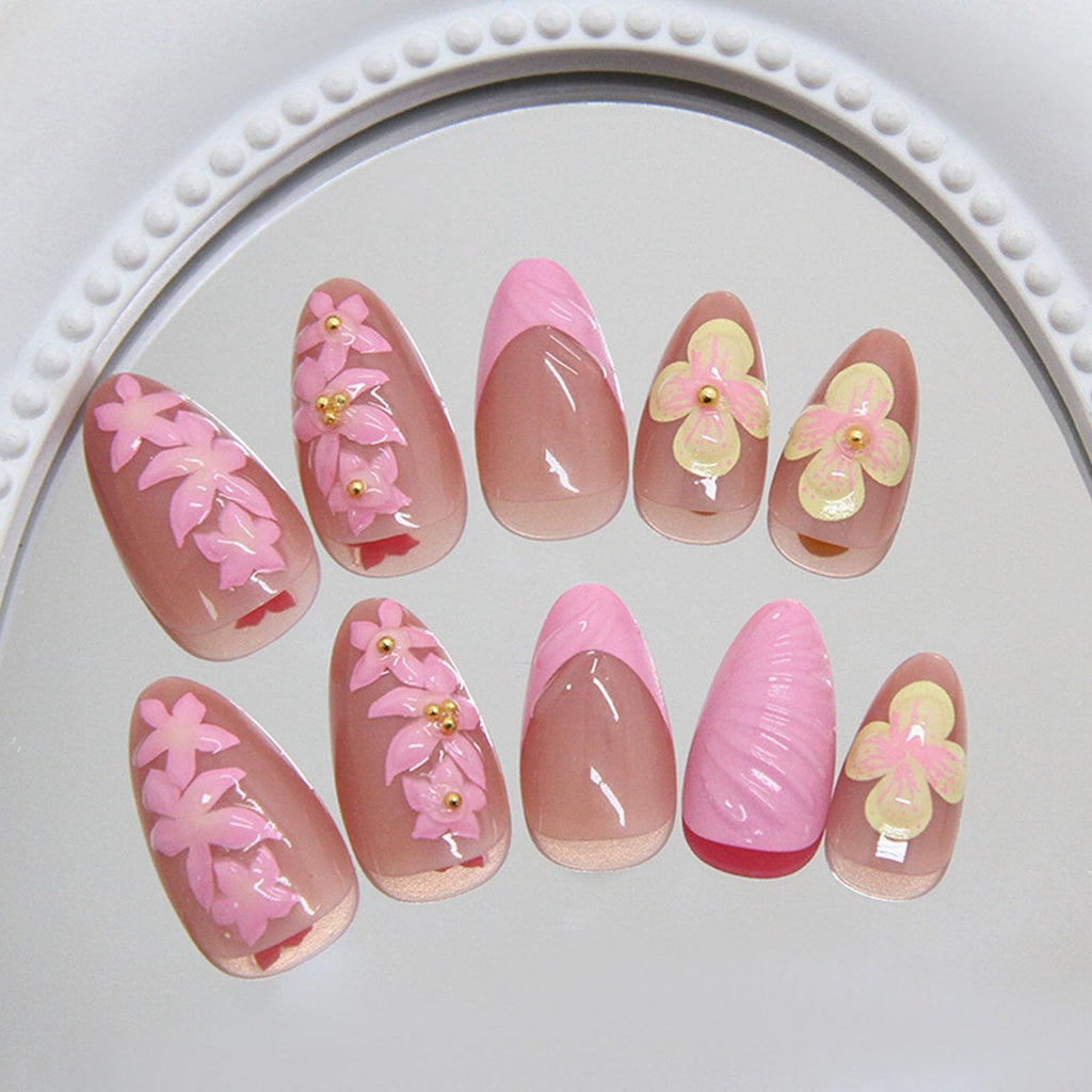 24pcsGlossy Press-On Nails with 3D Charms for Daily Wear, Events & Quick DIY Manicures (Pink)