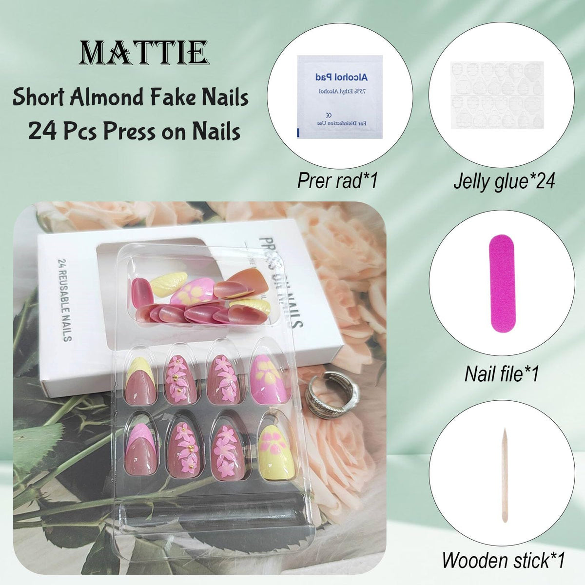 24pcsGlossy Press-On Nails with 3D Charms for Daily Wear, Events & Quick DIY Manicures (Pink)