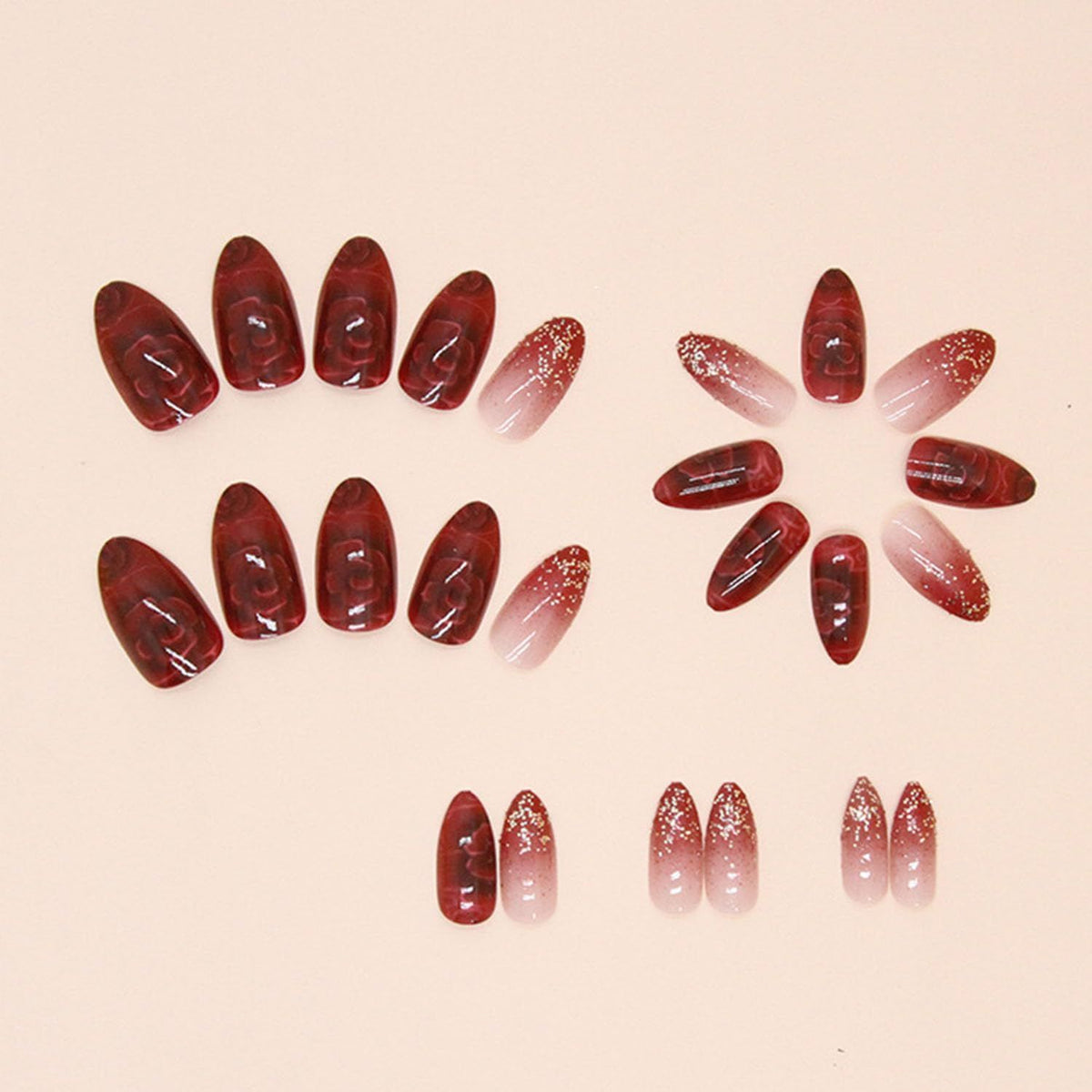 24pcsLuxury Press-On Nails for Weddings, Parties & Special Occasions, Ready to Wear Instantly (Dark Red)